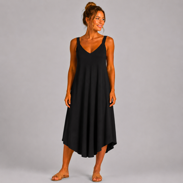 Women’s Italian V-Neck Swing Midi Dress (Black)