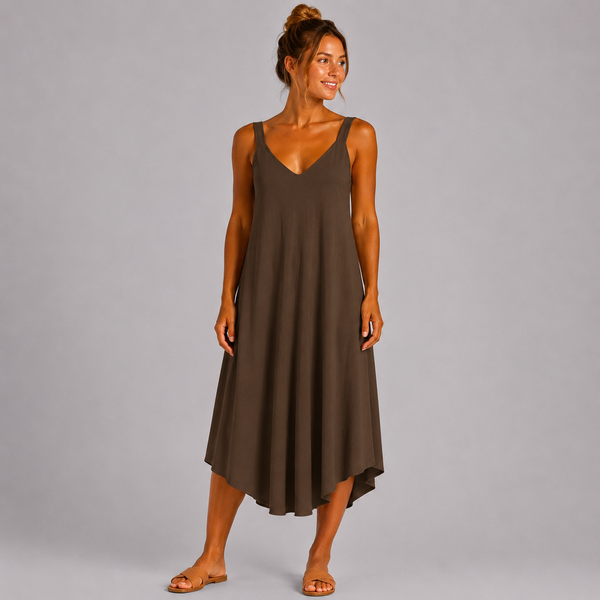 Women’s Italian  V-Neck Swing Midi Dress (Chocolate Brown)
