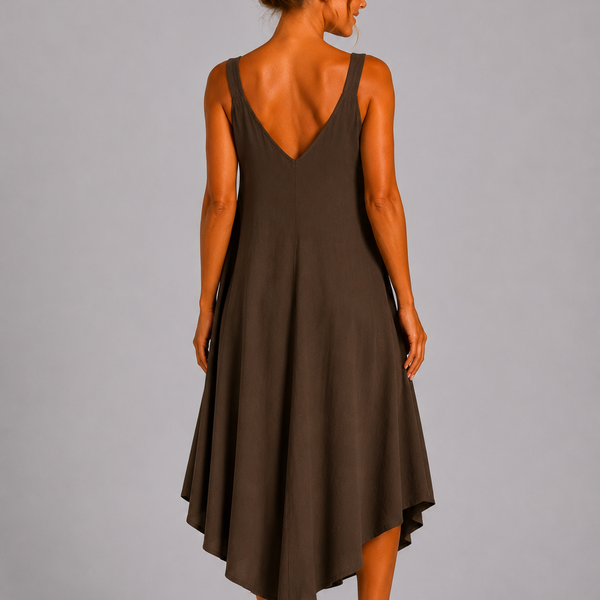 Women’s Italian  V-Neck Swing Midi Dress (Chocolate Brown)