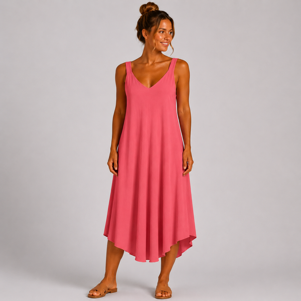 Women’s Italian  V-Neck Swing Midi Dress (Coral)