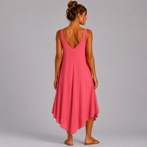 Women’s Italian  V-Neck Swing Midi Dress (Coral)