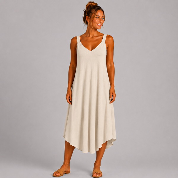 Women’s Italian  V-Neck Swing Midi Dress (Cream)