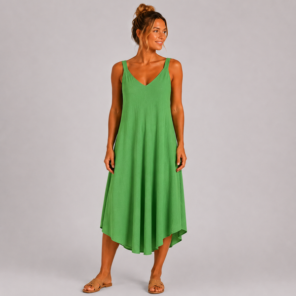 Women’s Italian  V-Neck Swing Midi Dress (Kelly Green)