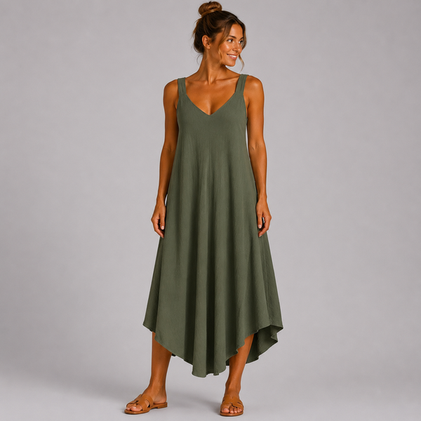 Women’s Italian  V-Neck Swing Midi Dress (Khaki)
