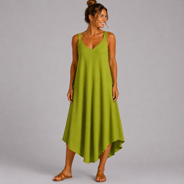 Women’s Italian  V-Neck Swing Midi Dress (Lime Green)