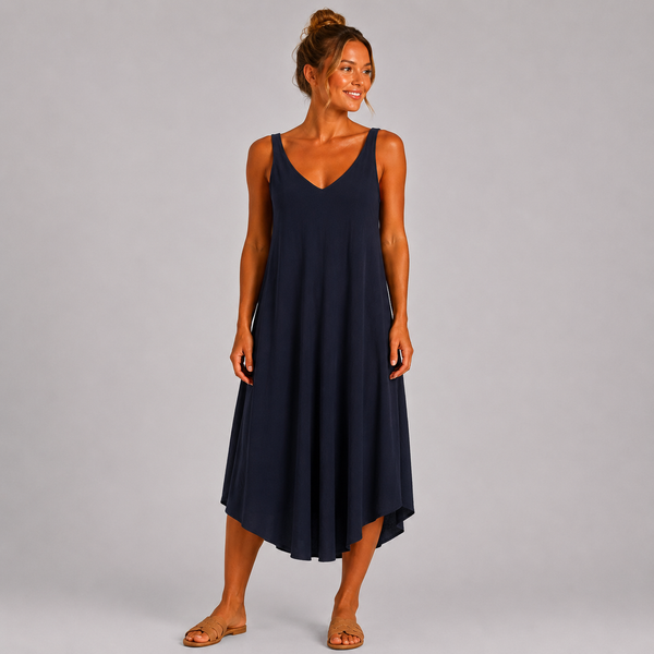 Women’s Italian  V-Neck Swing Midi Dress (Navy)