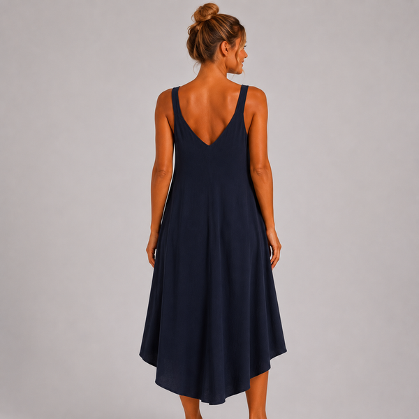 Women’s Italian  V-Neck Swing Midi Dress (Navy)