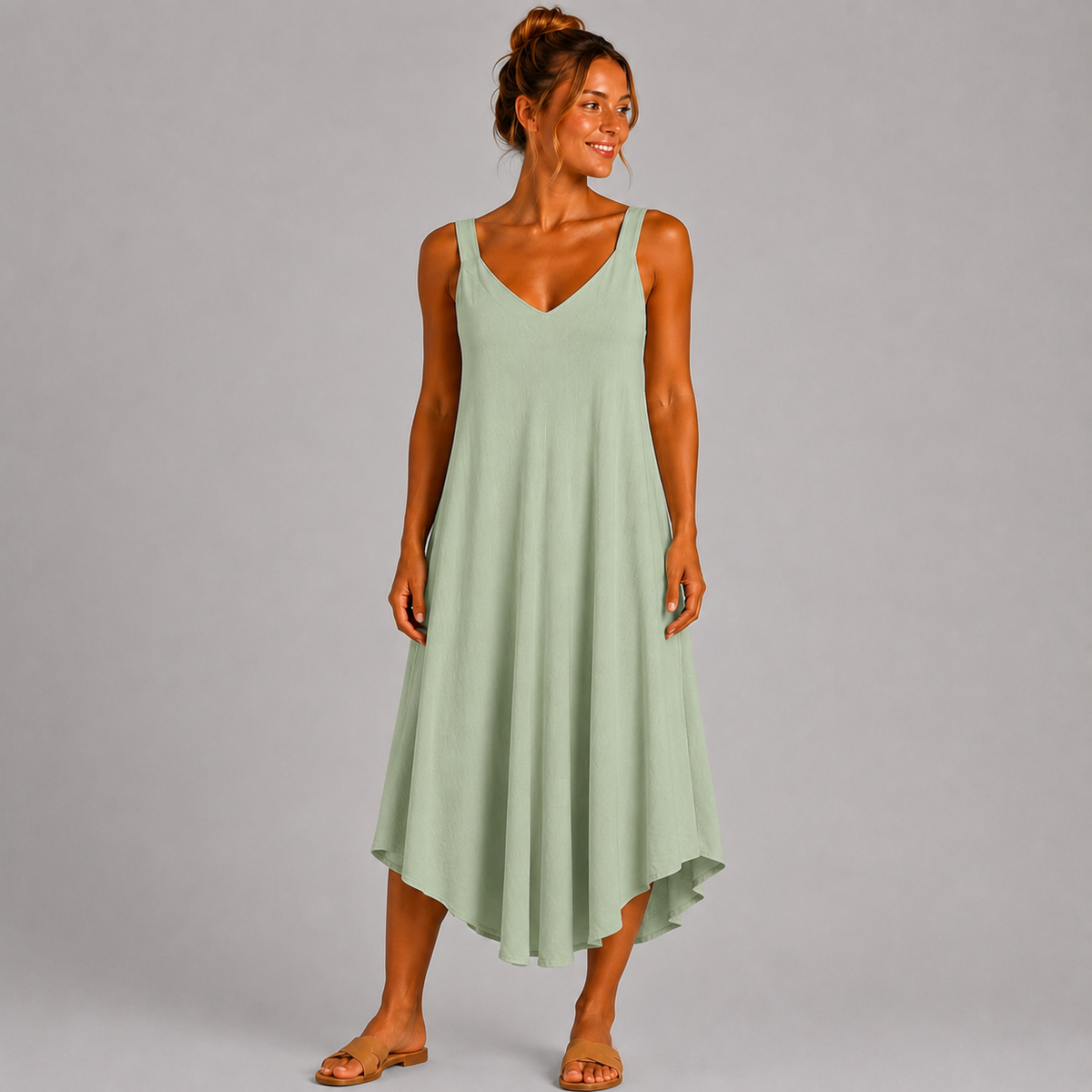 Women’s sleeveless textured swing midi dress with a V-neckline and relaxed flowing fit