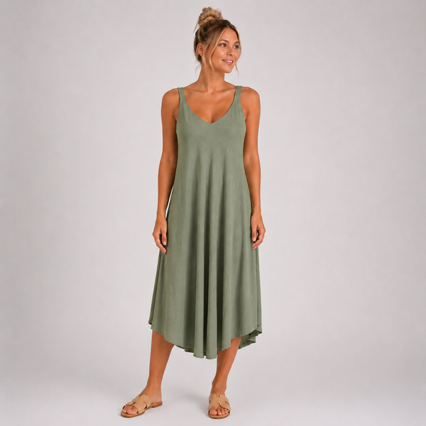 Women’s Italian V-Neck Swing Midi Dress (Sage)
