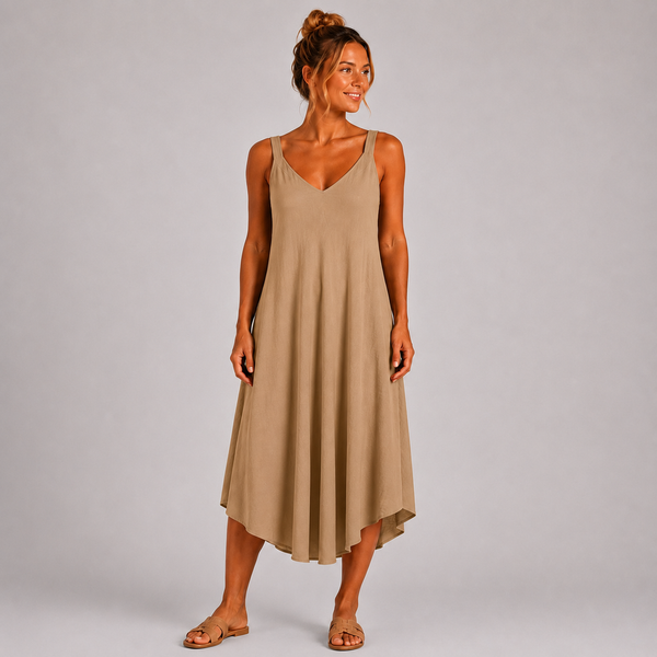 Women’s Italian  V-Neck Swing Midi Dress (Stone)