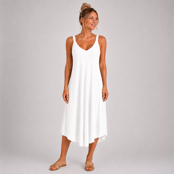 Women’s Italian  V-Neck Swing Midi Dress (White)