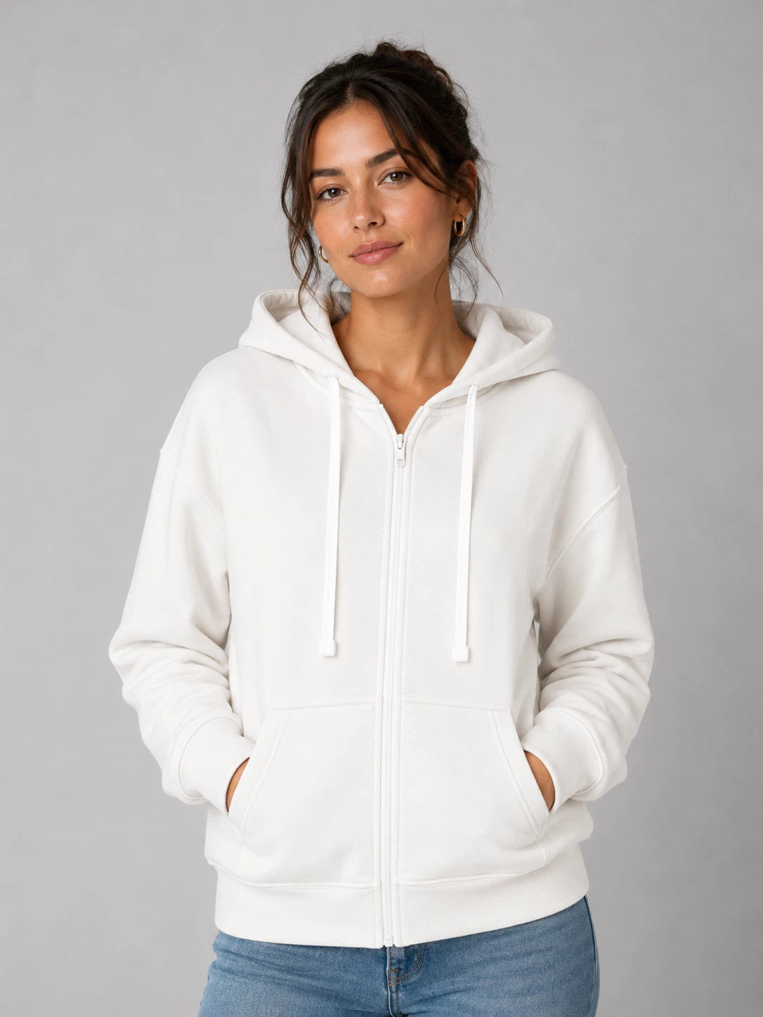 White women’s JDN full zip hoodie with drawstring hood, front pockets and ribbed trims.
