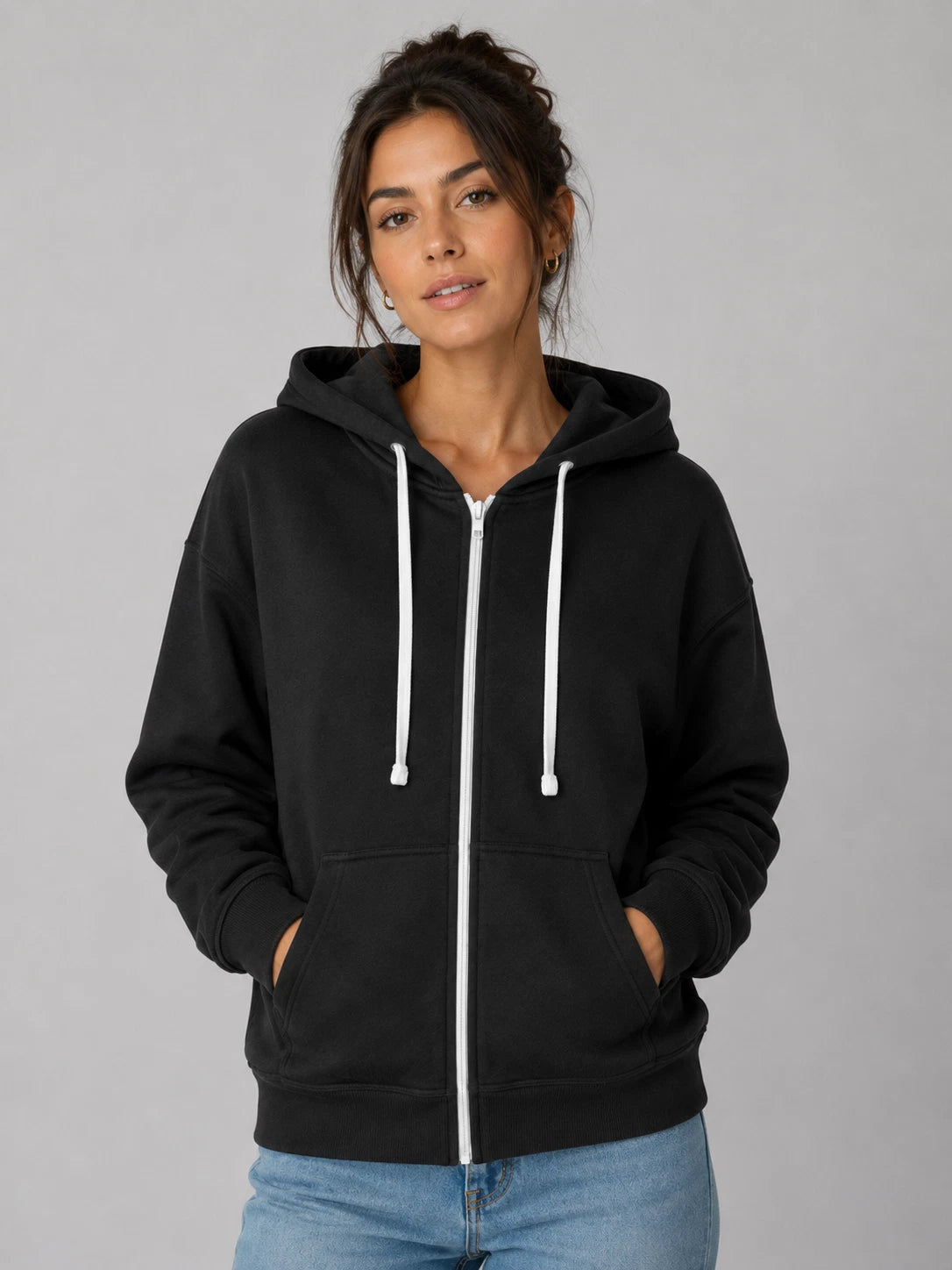 Black women’s JDN full zip hoodie with drawstring hood, front pockets and ribbed trims