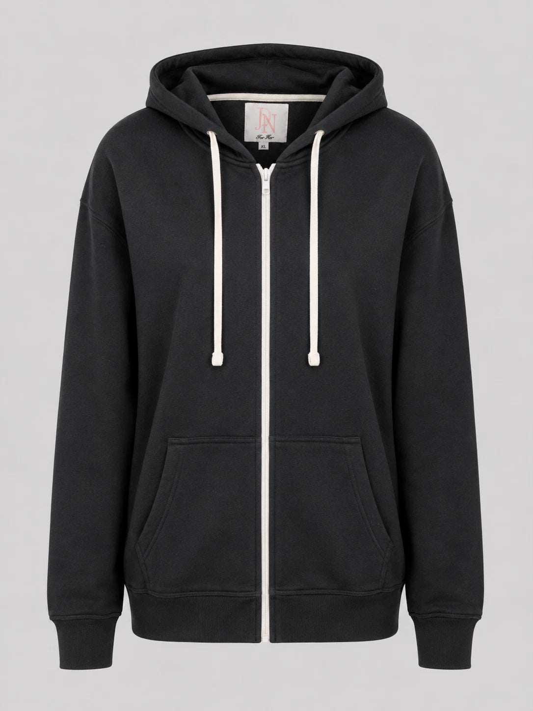 Black women’s JDN full zip hoodie with drawstring hood, front pockets and ribbed trims
