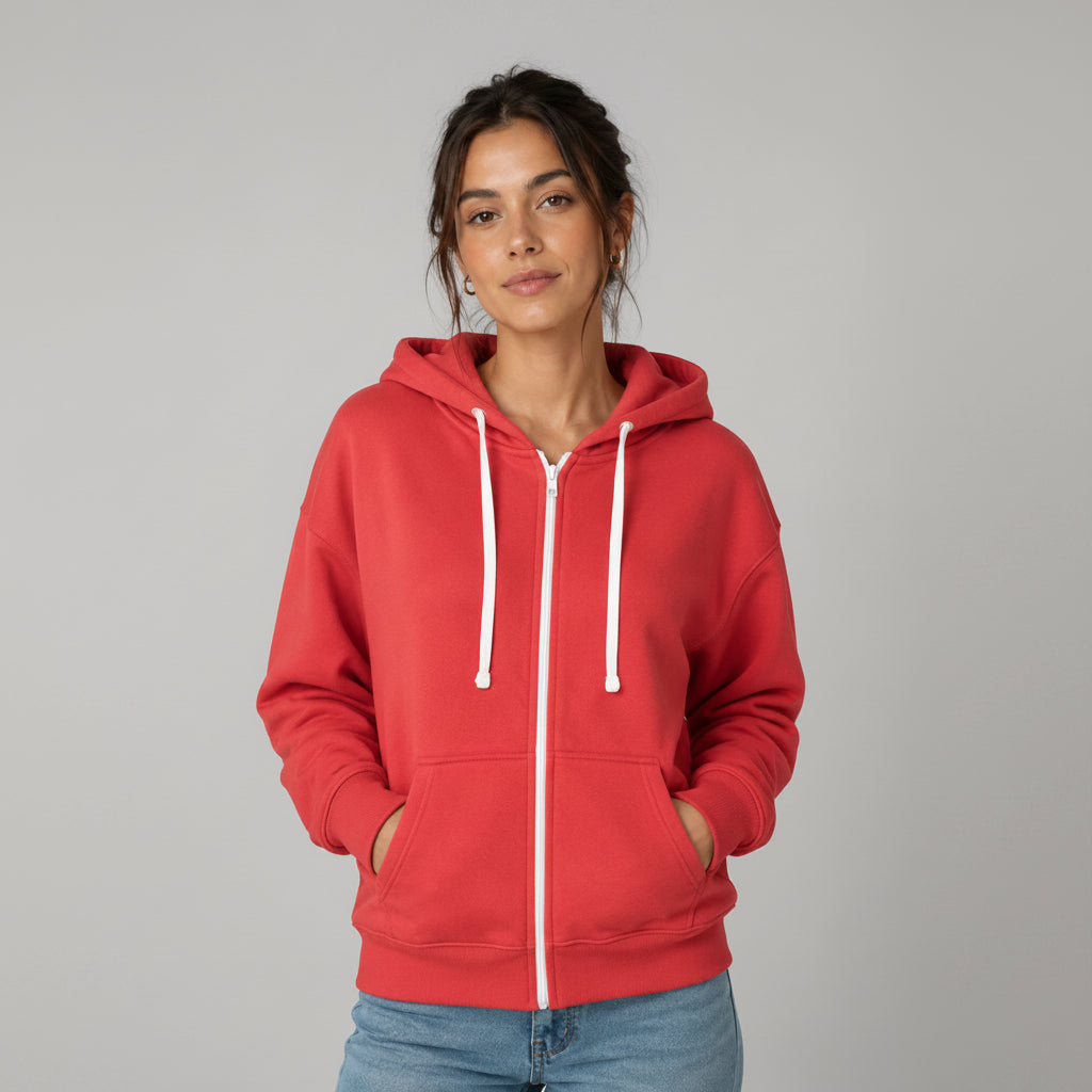 Coral women’s JDN full zip hoodie with drawstring hood, front pockets and ribbed trims.