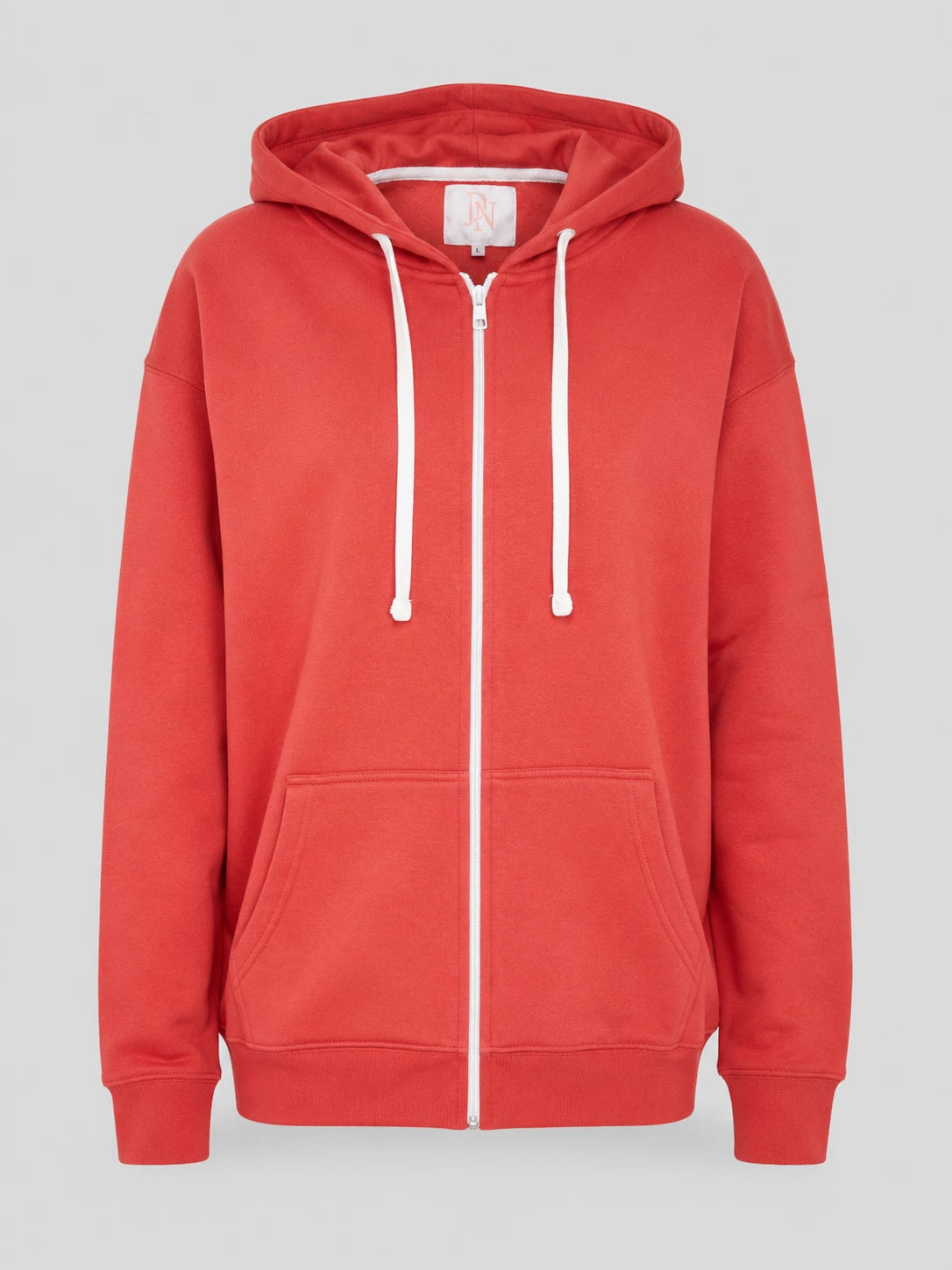 Coral women’s JDN full zip hoodie with drawstring hood, front pockets and ribbed trims.