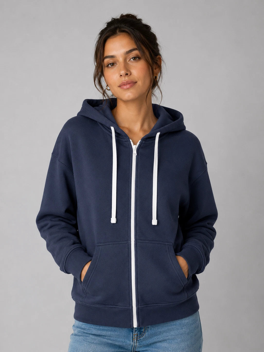 Coral women’s JDN full zip hoodie with drawstring hood, front pockets and ribbed trims