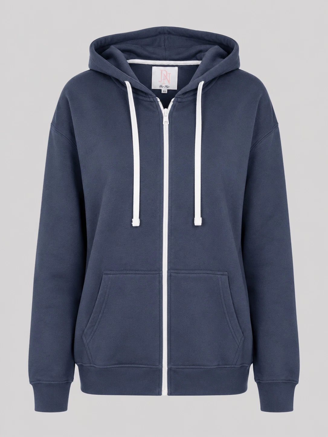 Navy women’s JDN full zip hoodie with drawstring hood, front pockets and ribbed trims 