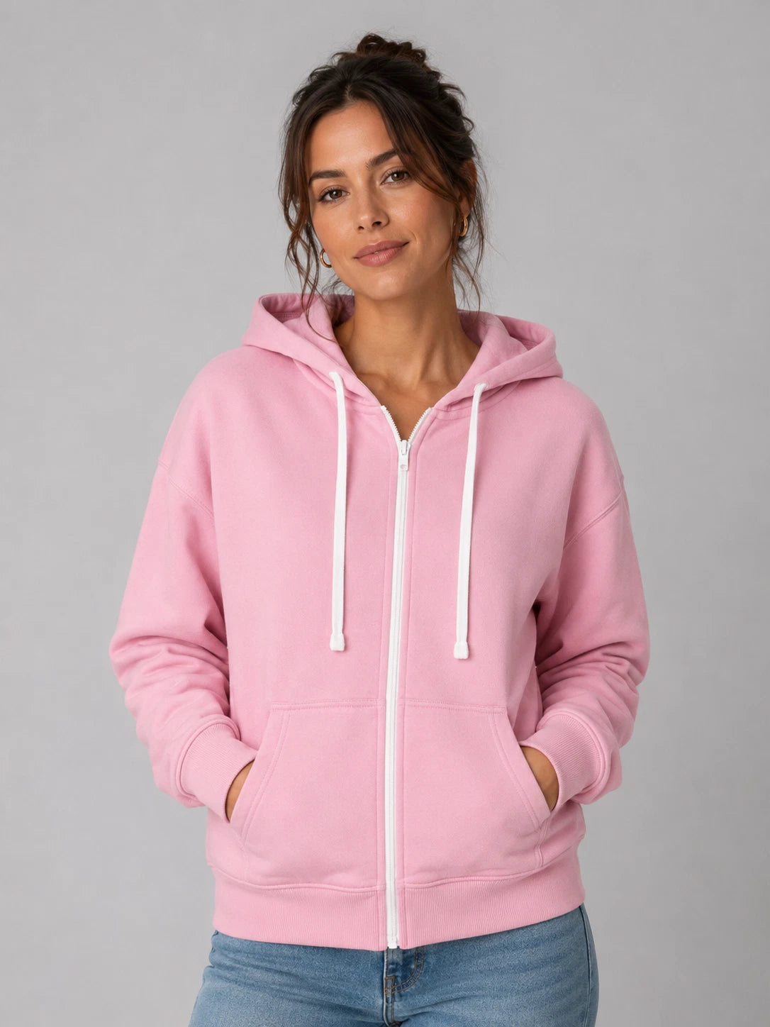 Pink women’s JDN full zip hoodie with drawstring hood, front pockets and ribbed trims.