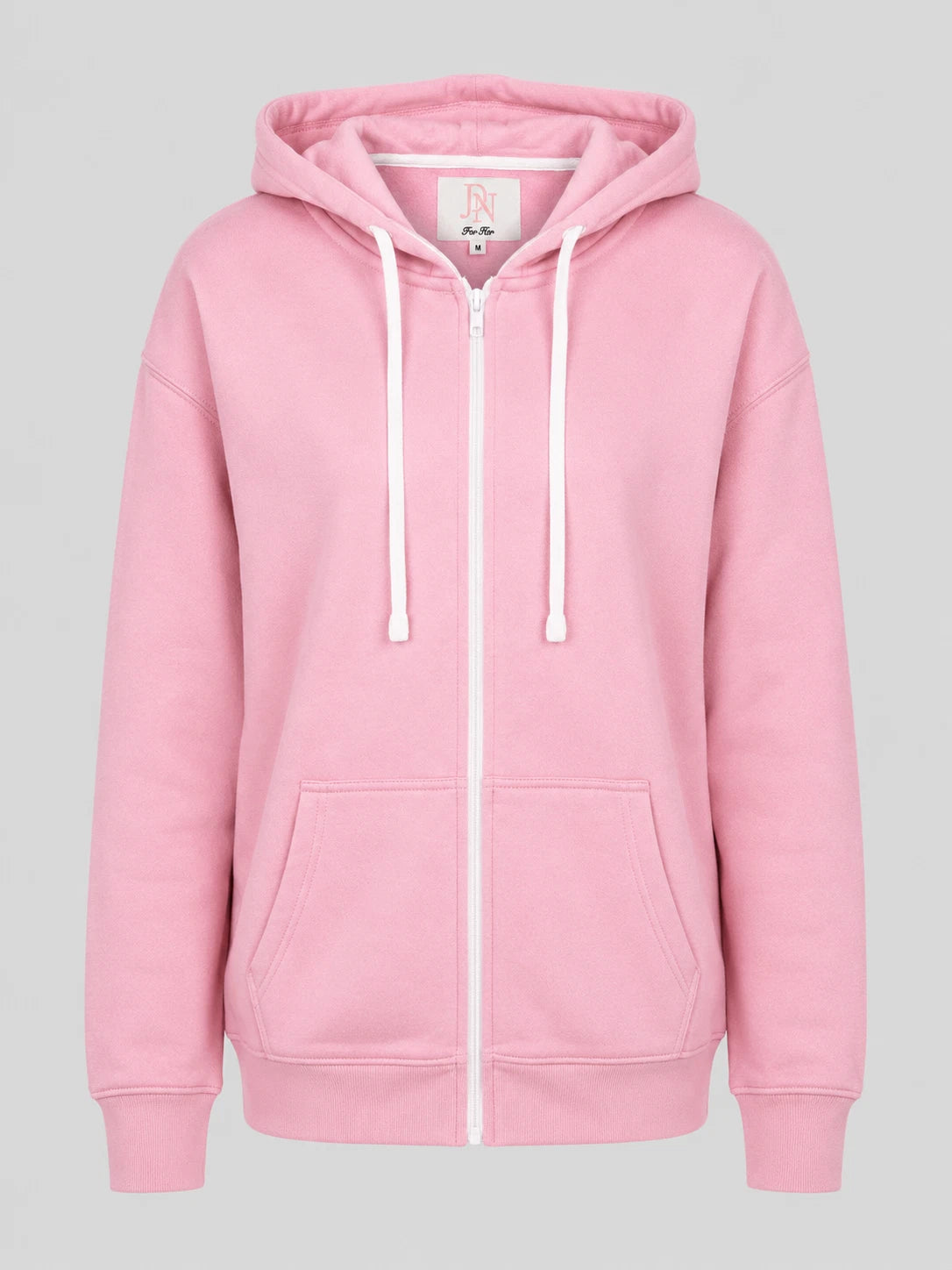 Pink women’s JDN full zip hoodie with drawstring hood, front pockets and ribbed trims.