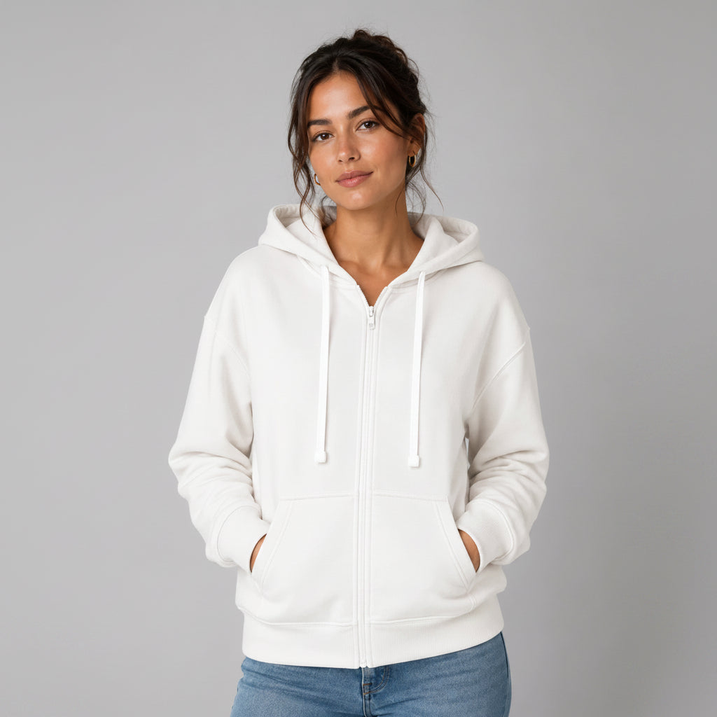 White women’s JDN full zip hoodie with drawstring hood, front pockets and ribbed trims.