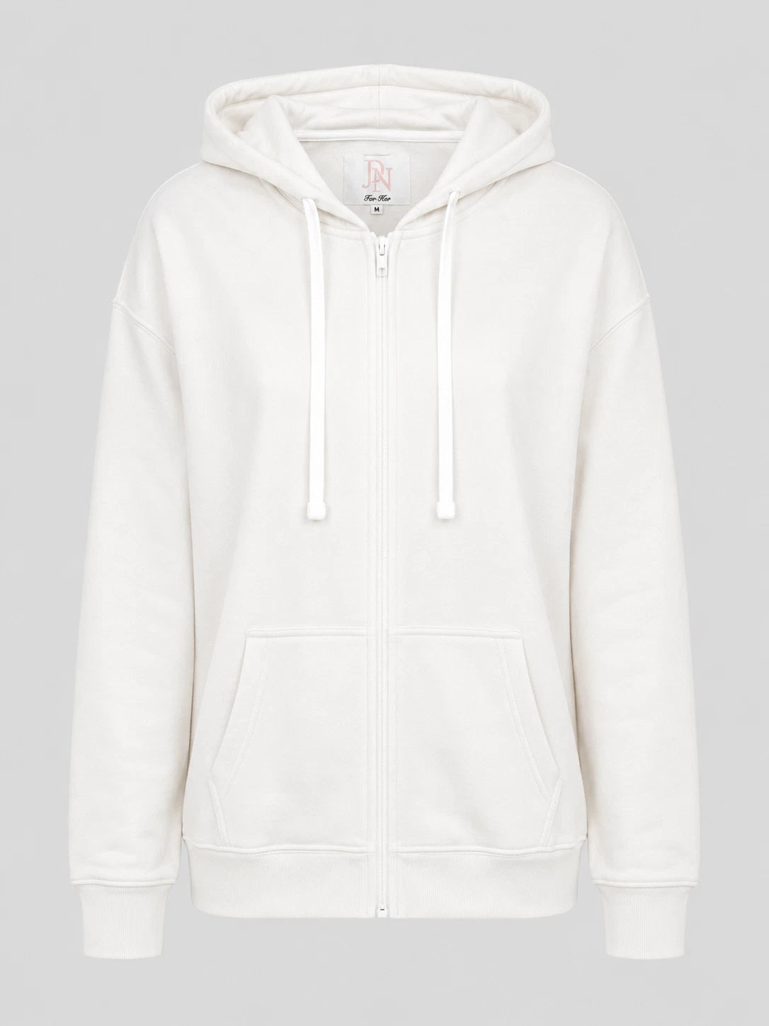 White women’s JDN full zip hoodie with drawstring hood, front pockets and ribbed trims.