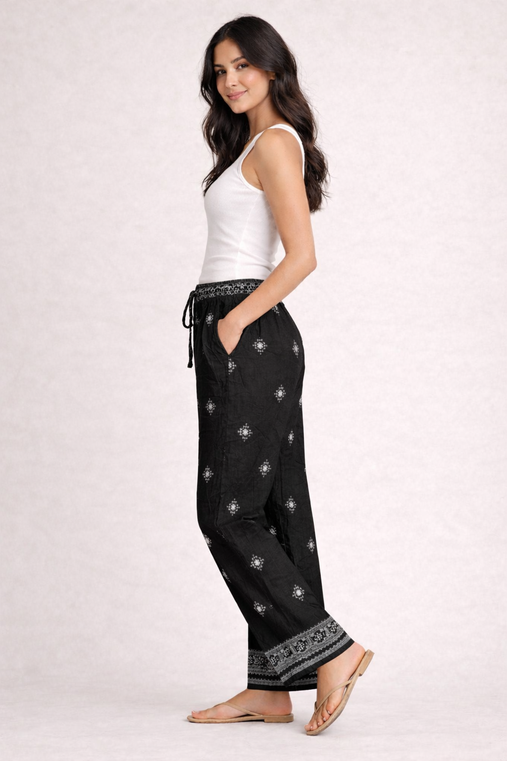 Ladies boho linen blend trousers with elasticated waist and printed design, summer holiday outfit