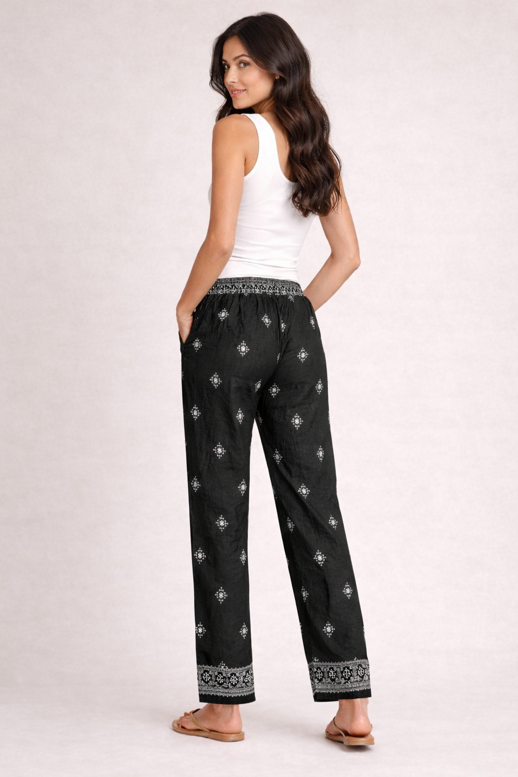 Ladies boho linen blend trousers with elasticated waist and printed design, summer holiday outfit