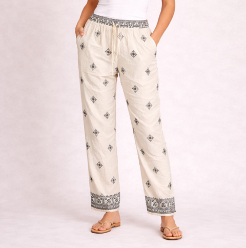 Ladies boho linen blend trousers with elasticated waist and printed design, summer holiday outfit