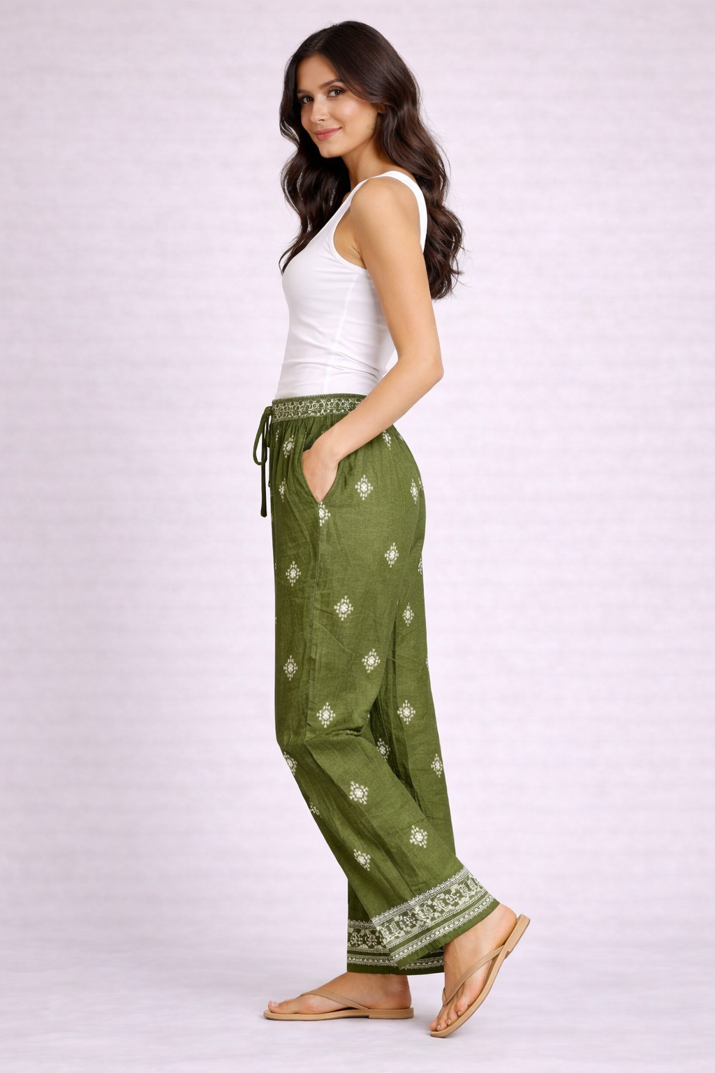 Ladies boho linen blend trousers with elasticated waist and printed design, summer holiday outfit