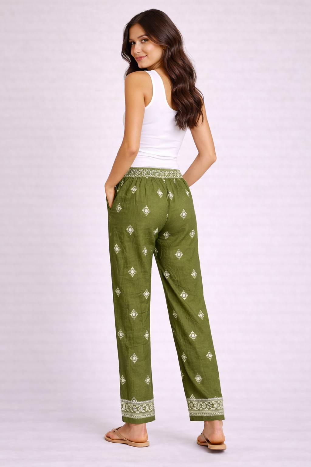 Ladies boho linen blend trousers with elasticated waist and printed design, summer holiday outfit