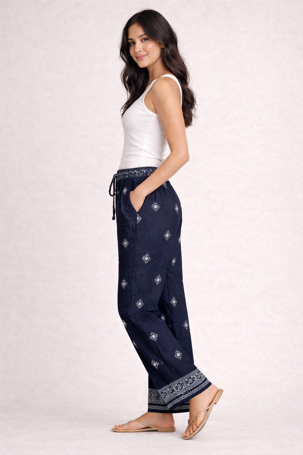 Ladies boho linen blend trousers with elasticated waist and printed design, summer holiday outfit