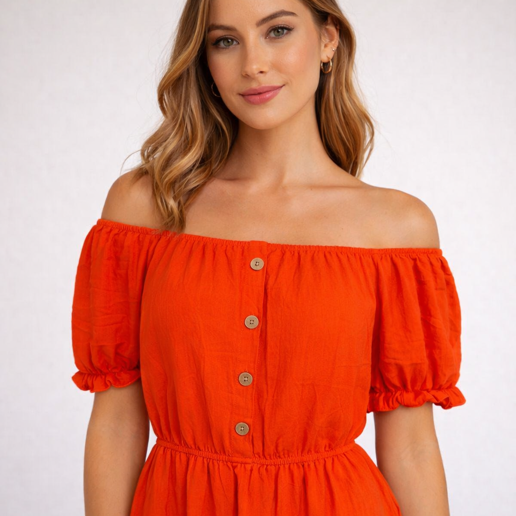 Ladies Bardot off shoulder midi dress with puff sleeves, elastic waist and tiered frill hem summer dress