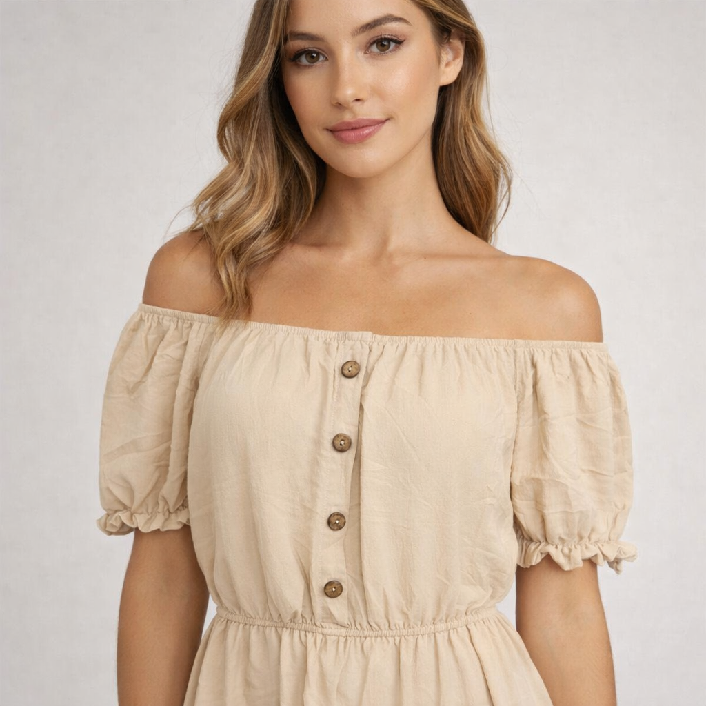 Ladies Bardot off shoulder midi dress with puff sleeves, elastic waist and tiered frill hem summer dress
