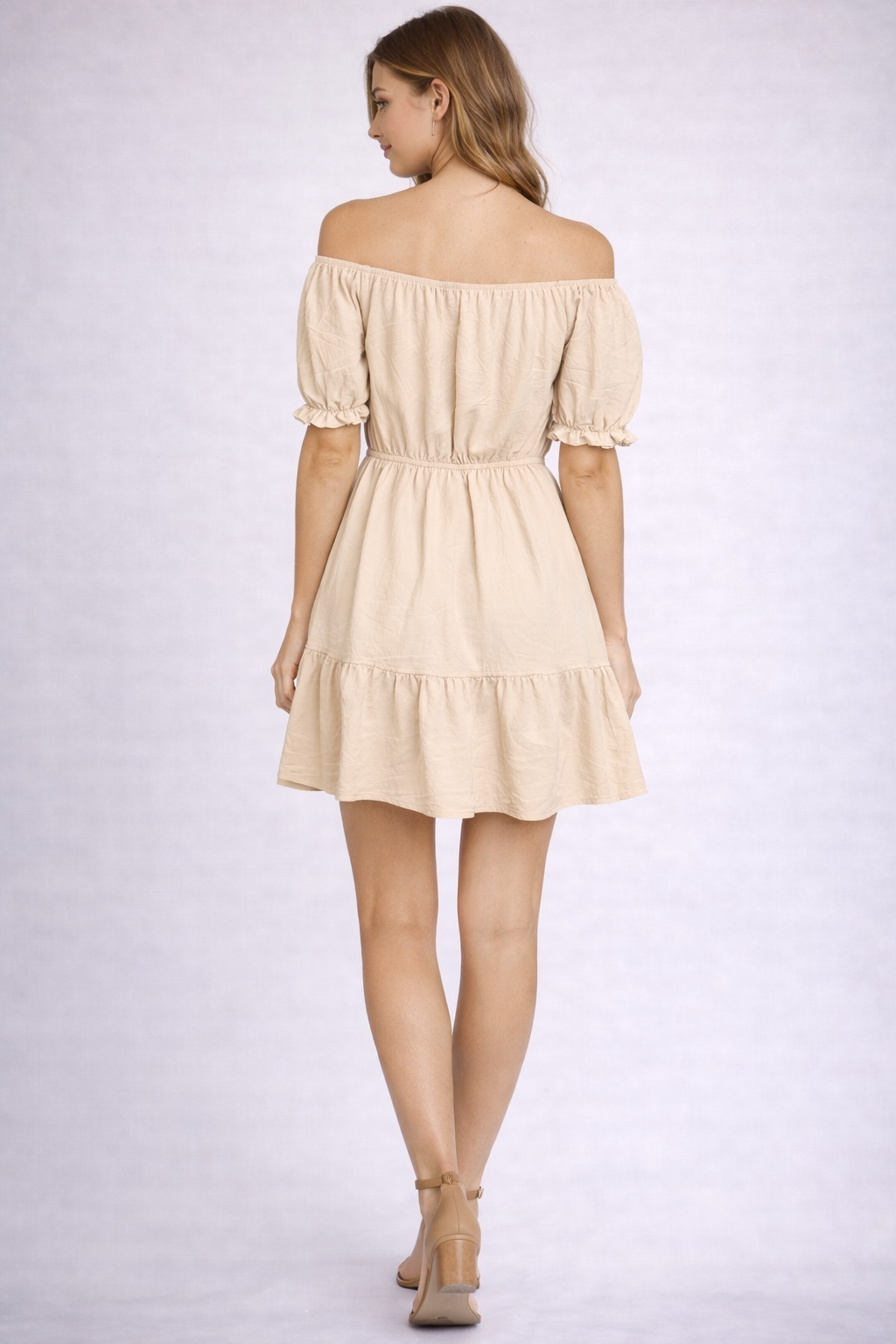 Ladies Bardot off shoulder midi dress with puff sleeves, elastic waist and tiered frill hem summer dress