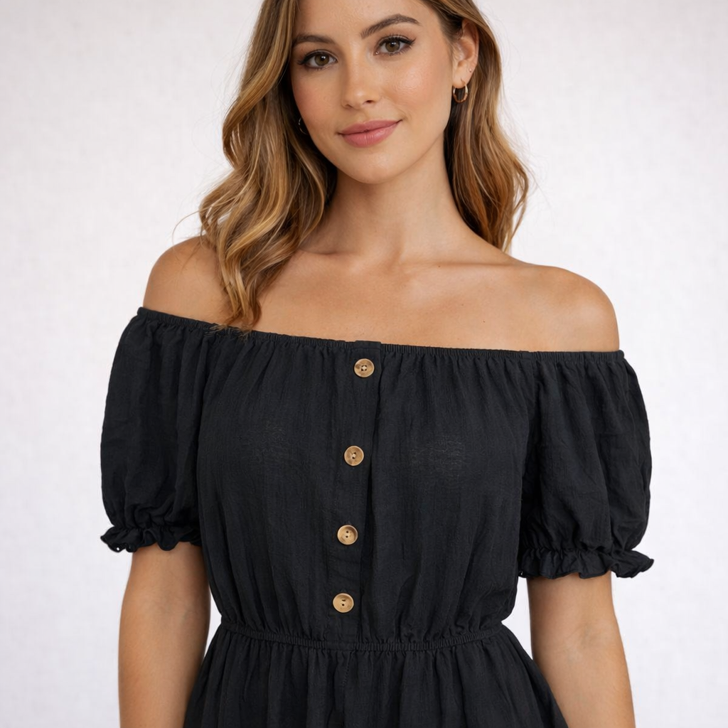 Ladies Bardot off shoulder midi dress with puff sleeves, elastic waist and tiered frill hem summer dress