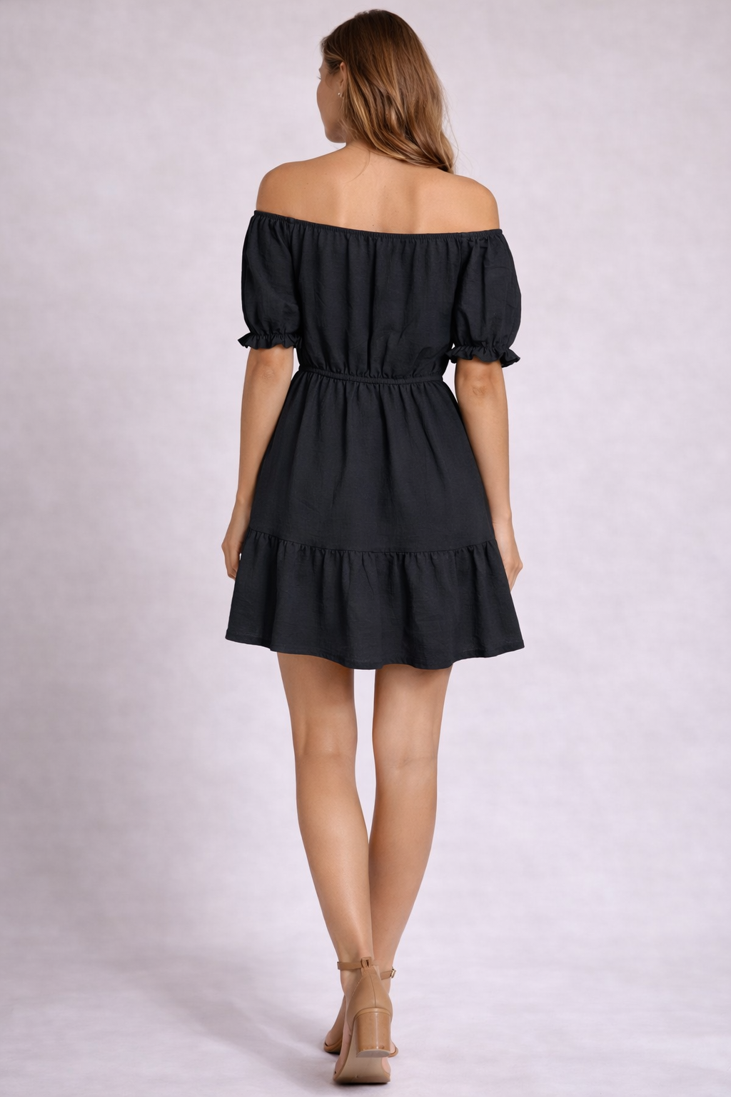 Ladies Bardot off shoulder midi dress with puff sleeves, elastic waist and tiered frill hem summer dress