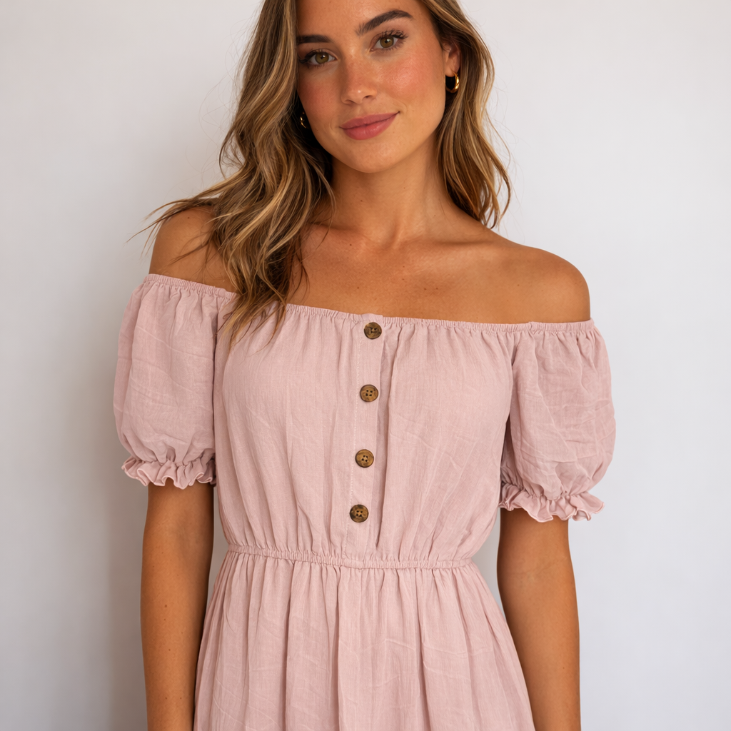 Ladies Bardot off shoulder midi dress with puff sleeves, elastic waist and tiered frill hem summer dress