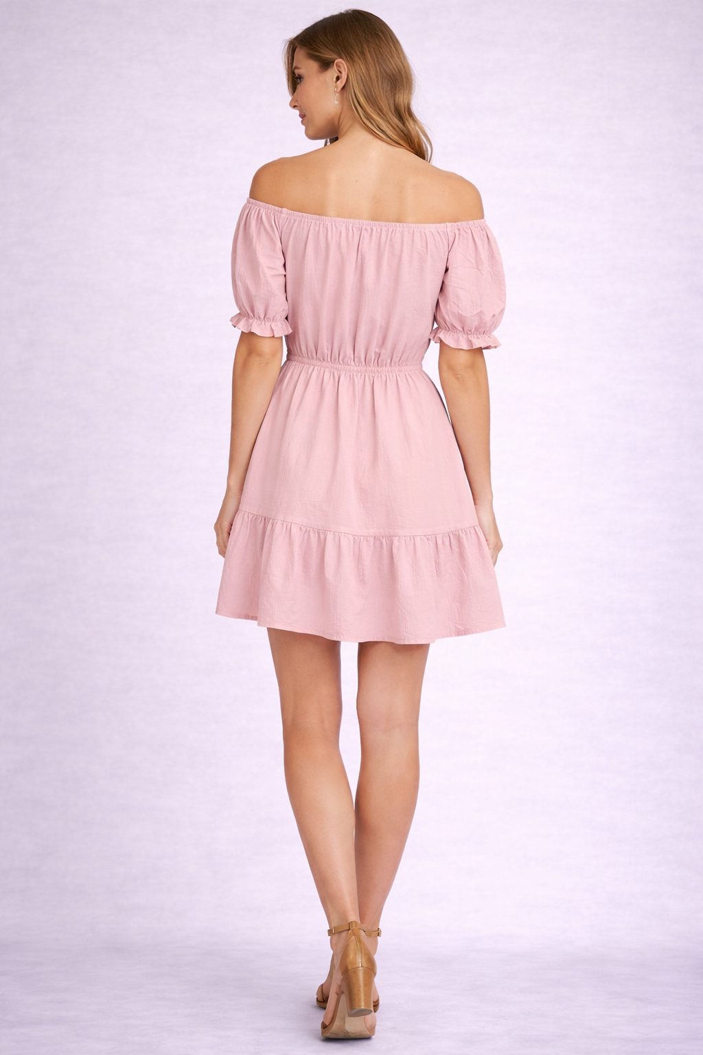 Ladies Bardot off shoulder midi dress with puff sleeves, elastic waist and tiered frill hem summer dress