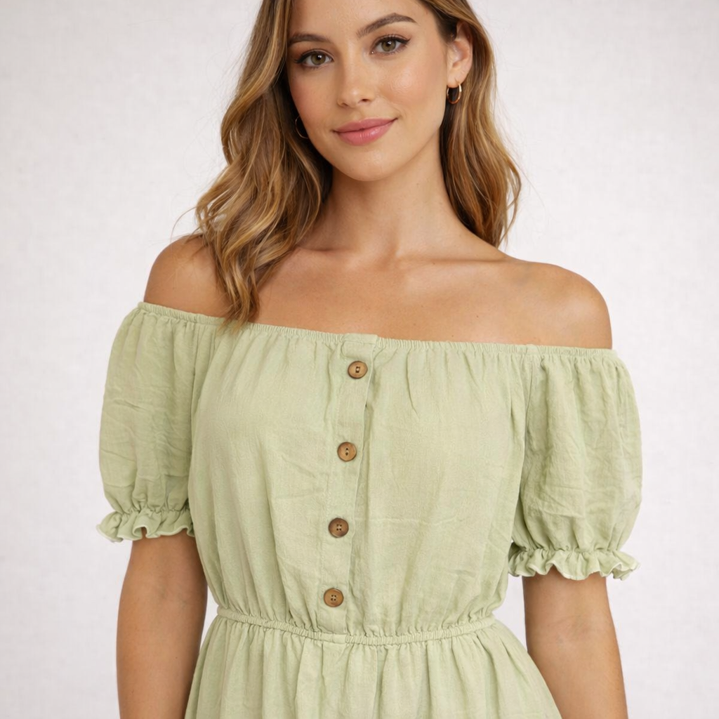 Ladies Bardot off shoulder midi dress with puff sleeves, elastic waist and tiered frill hem summer dress