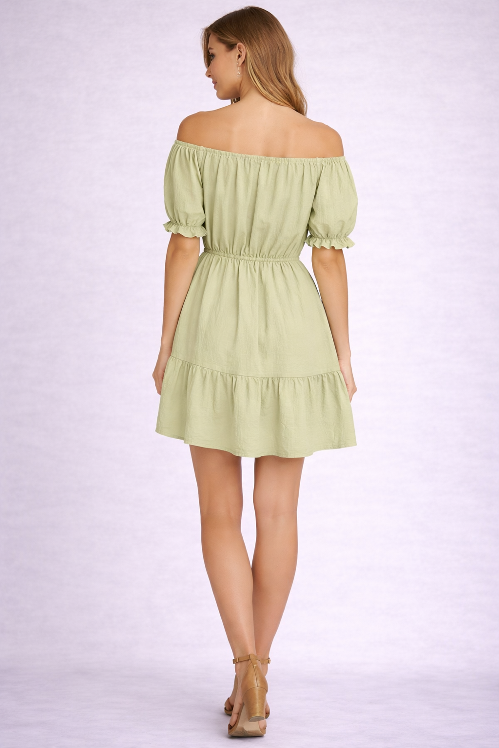 Ladies Bardot off shoulder midi dress with puff sleeves, elastic waist and tiered frill hem summer dress