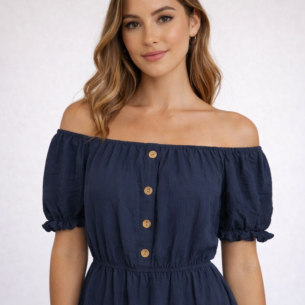 Ladies Bardot off shoulder midi dress with puff sleeves, elastic waist and tiered frill hem summer dress
