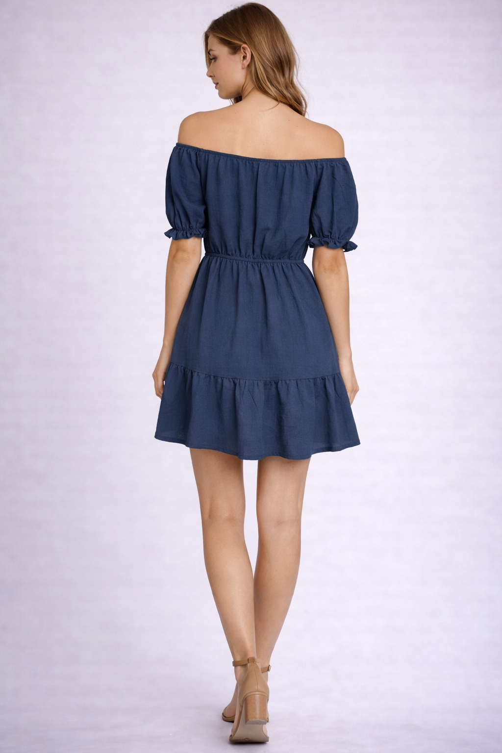 Ladies Bardot off shoulder midi dress with puff sleeves, elastic waist and tiered frill hem summer dress