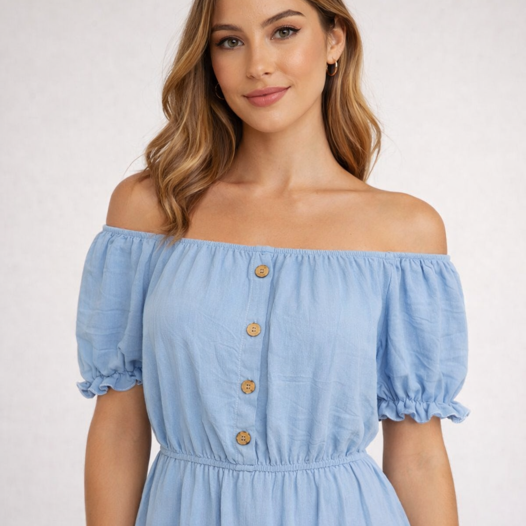 Ladies Bardot off shoulder midi dress with puff sleeves, elastic waist and tiered frill hem summer dress