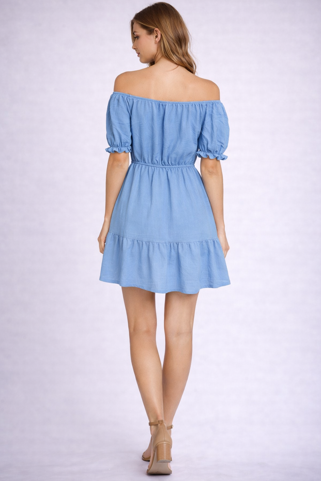 Ladies Bardot off shoulder midi dress with puff sleeves, elastic waist and tiered frill hem summer dress