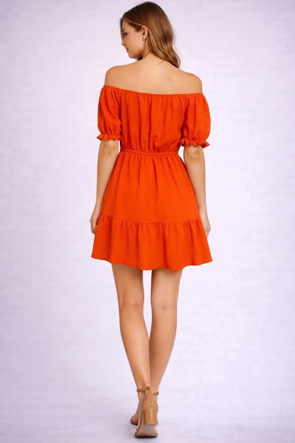 Ladies Bardot off shoulder midi dress with puff sleeves, elastic waist and tiered frill hem summer dress