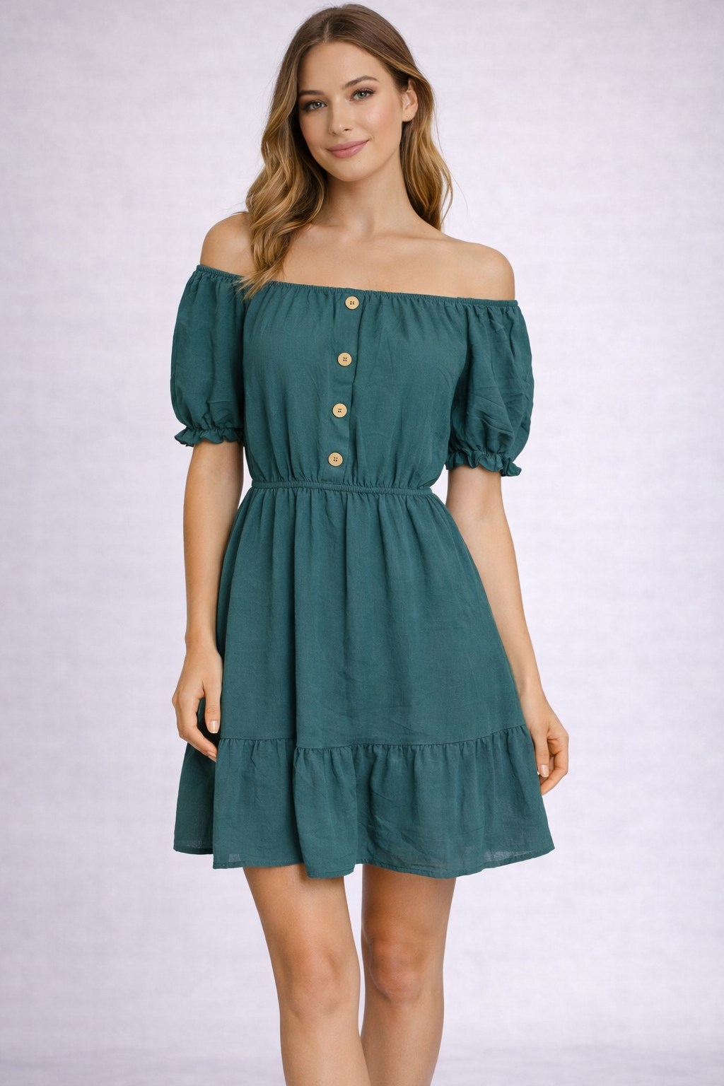 Ladies Bardot off shoulder midi dress with puff sleeves, elastic waist and tiered frill hem summer dress