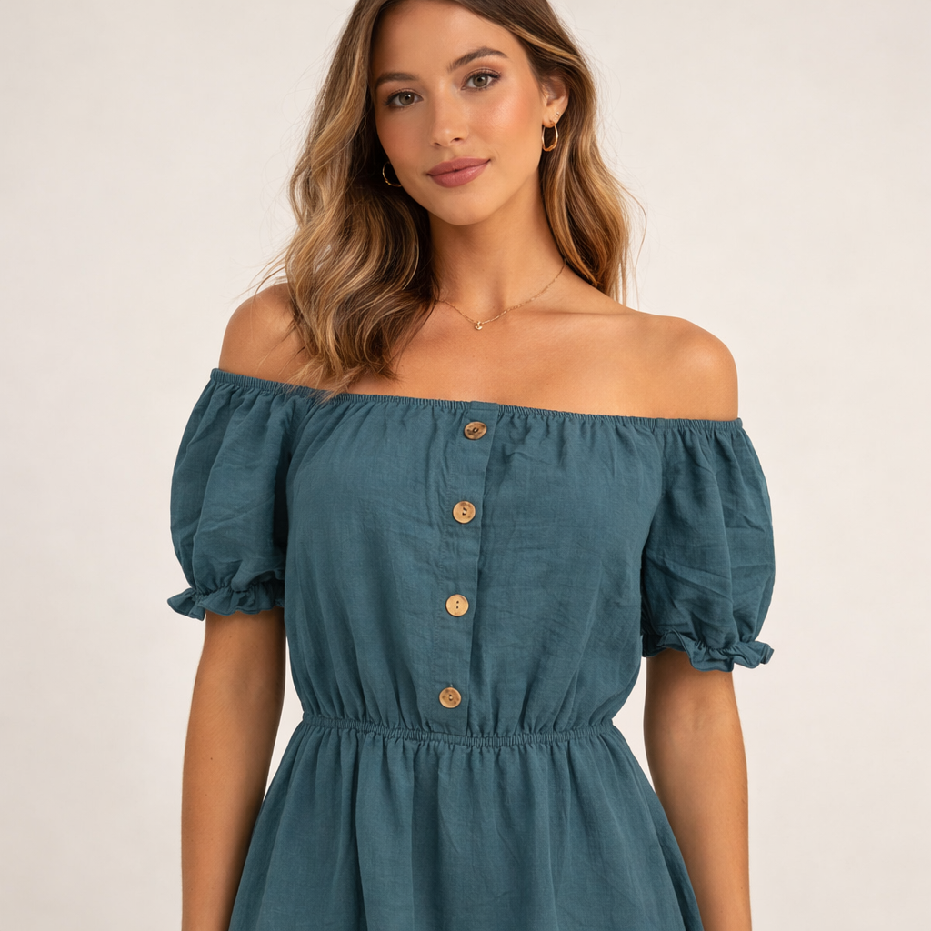 Ladies Bardot off shoulder midi dress with puff sleeves, elastic waist and tiered frill hem summer dress
