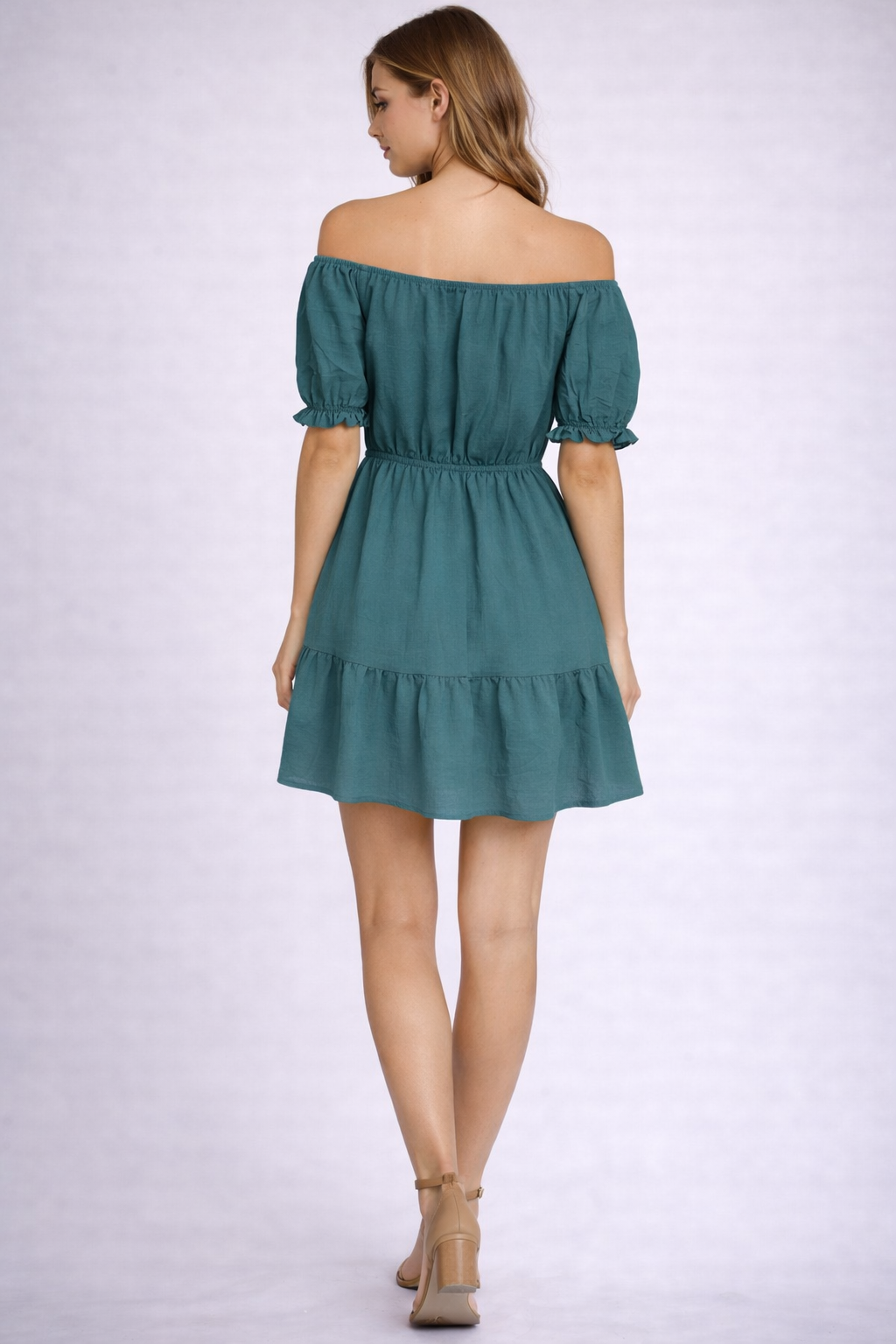 Ladies Bardot off shoulder midi dress with puff sleeves, elastic waist and tiered frill hem summer dress