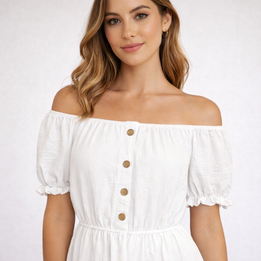 Ladies Bardot off shoulder midi dress with puff sleeves, elastic waist and tiered frill hem summer dress